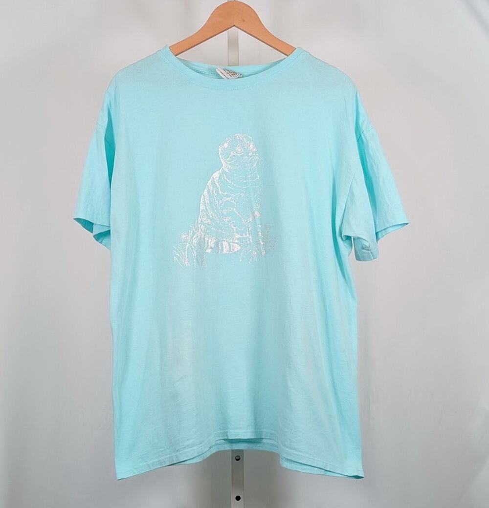 Vintage 90s T-Shirt Aqua Blue Silver Kitten Cat Graphic Women's One Size Top